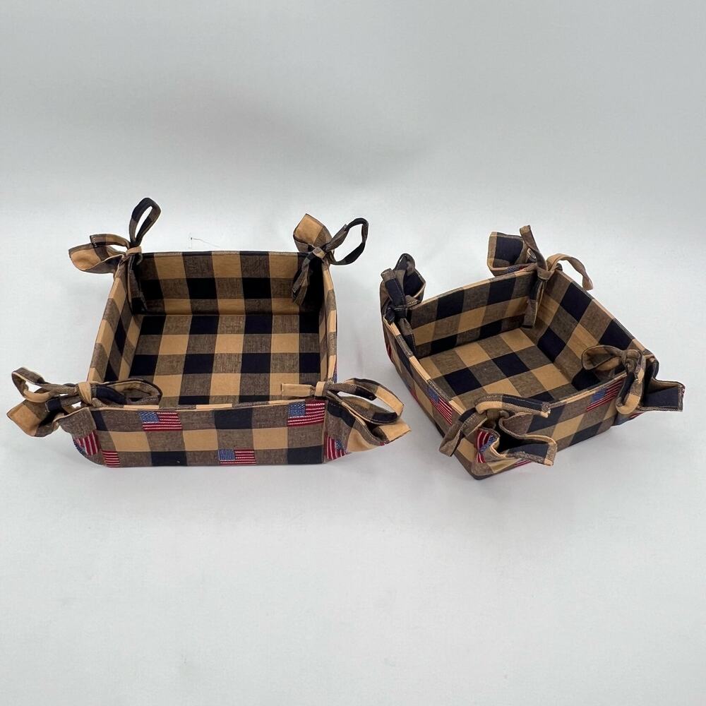 Padma Creations Bread and Napkin Baskets Navy Tan Checkered FLAG Pattern Cotton